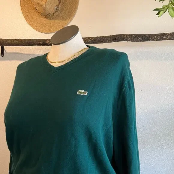 Lacoste Green Unisex V Neck 100% Cotton Pullover Sweater Size XL